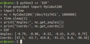 ผลของ get_angles() และ get_coords() แสดง 6 ค่าจริงของข้อต่อและพิกัด