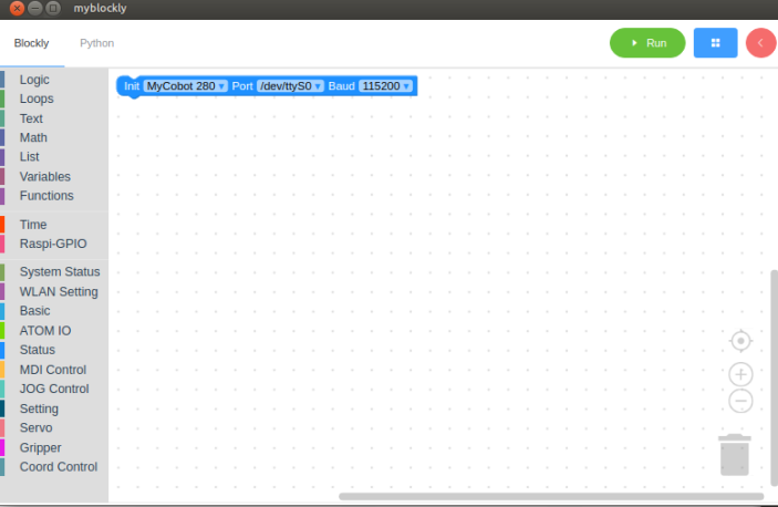 หน้าต่าง myBlockly ที่เพิ่งเปิด มี panel block library ซ้าย, workspace กลาง, ปุ่ม Run ขวาบน