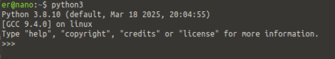 Python REPL ที่เพิ่งเปิด แสดง version 3.8.10 และ prompt >>>